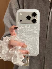 Lace Bow Lily Flower Phone Case Compatible With Apple 17 Pro Max 16 Pro 15 Women's Full Coverage Anti-Fall Protective Cover With Wrist Strap - White - View 4