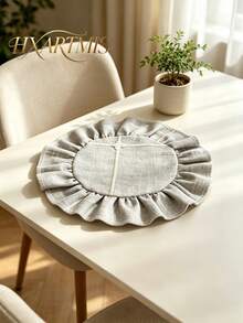 HXARTMIS 1PC Blue Gray Pleated Ruffle Round Placemat, Faux Linen Raw Edge Embroidered Table Mat, Suitable For Dining Table Home Decor - Dusty Blue - View 1