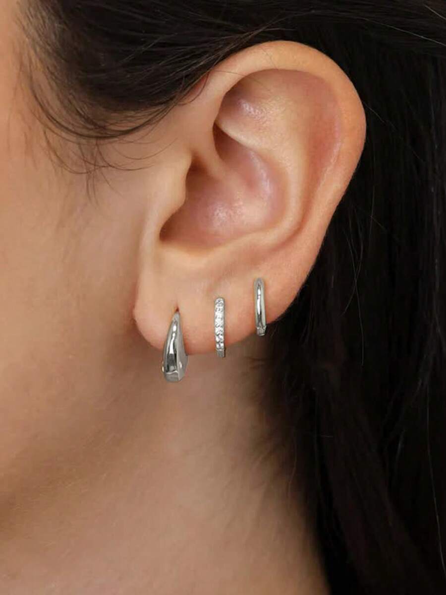 6pcs Simple Copper Zirconia Earrings Set For Women, Suitable For Vacation, Dating, And Daily Wear