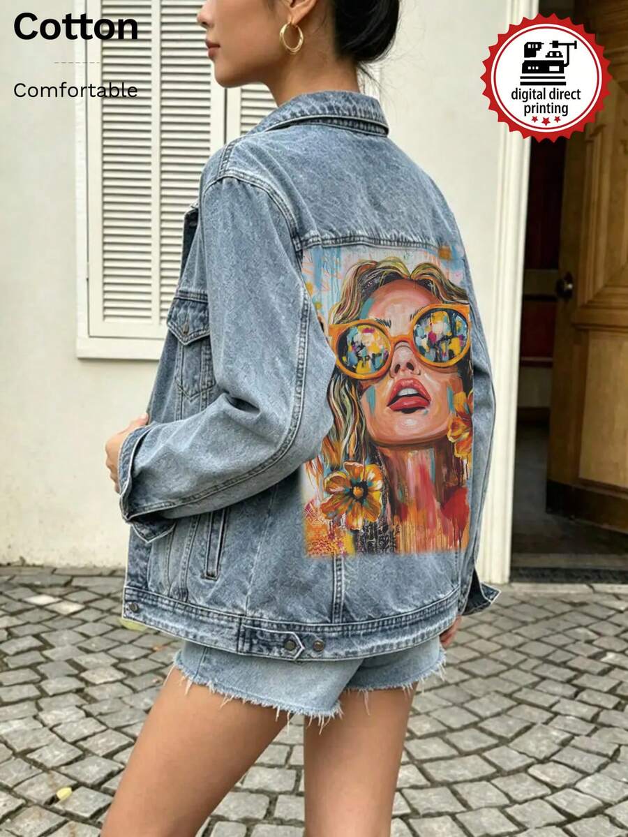 جاكيت جينز نسائي، تصميم فتاة جرافيتي بأسلوب الشارع، طباعة مباشرة بالحبر الأبيض، غسيل عتيق بقصة فضفاضة - أزرق جينز فاتح - مشاهدة 1