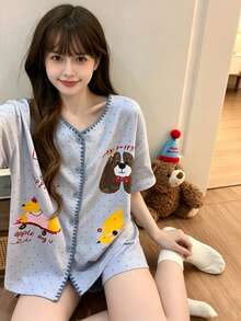 2pcs/Set Women's Pajama Loungewear Set, Cute Animal Print Pattern Button-Down Short Sleeve Simple Casual Fashion Shorts, Comfortable For Home, Easy Care Fabric - Blue - View 10