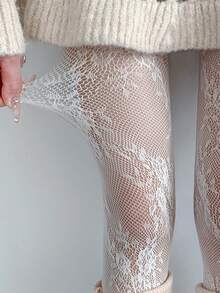 1 Pair Retro‑Patterned Stockings, Sheer Floral Lace Jacquard Tights, Stretchy Run‑Resistant, Multiple Colors, Ideal Gift For Best Friend - Multicolor - View 11
