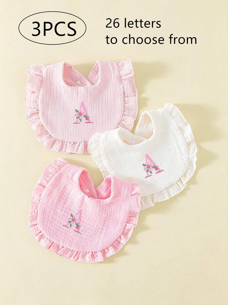 3pcs Soft Comfortable Pure Cotton Crepe 26 Letter Embroidered Ruffle Edge Cute Baby Bibs, Princess Style Lace Design, Suitable For All Seasons, Baby Feeding Drool Bibs - Multicolor - View 1
