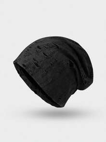 1pc Unisex American Style Distressed Ripped Vintage Knit Beanie, Fashionable Accessory For Streetwear - Multicolor - View 3
