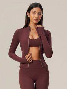 TimeOff Women's 1pc Solid Color Stand Collar Zip-Up Jacket With Side Pockets And Thumb Holes, Autumn/Winter - Red - View 7