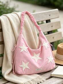 Star Patchwork Decor Shoulder Tote Bag, Ruched Strap Design, Vibrant Casual Style Women's Bag, Suitable For Daily School, Shopping, Dating, Travel, Fashionable Outfit - Pink - View 4