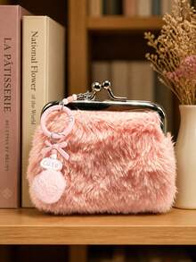 Sweet Plush Coin Purse, "Cute" Letter Bow Plush Ball Pendant Coin Purse, Women's Coin Wallet, Portable Compact Coin Wallet - Multicolor - View 3