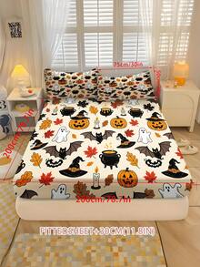2/3PCS Halloween Cartoon Fitted Sheet Set Pumpkin Bat Print Fitted Sheet Set Soft Breathable Bedding For All Seasons Twin/Full/Queen 100% Polyester Machine Washable - Multicolor - View 11
