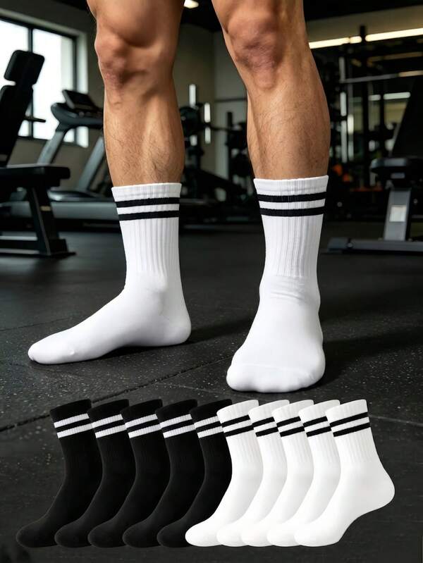 20/10/5/1 Pairs Black & White Men's Sports Socks, Comfortable Soft Breathable, Striped Anti-Slip Fitness Socks, Outdoor Running Socks, Basketball Socks, Casual Sports Socks, Athletic Leisure Socks