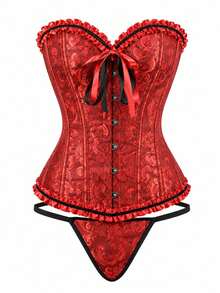 Apperloth A Retro-Style Corset Top With Jacquard Ruffle Trim, Backless Design, And Thong; Suitable For Women's Halloween Party Sets. - Red - View 6