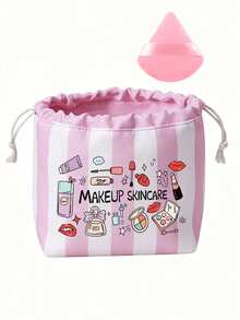 Striped Cosmetic Bag With Cosmetic-Themed Print, Large‑Capacity Portable Travel Toiletry Pouch, Multifunctional Storage Organizer For School Shopping Spring Outing, Back‑To‑School Birthday Wedding Gift - Multicolor - View 11