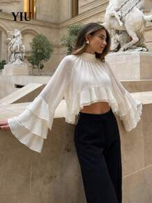 YIU LUMOS Women's Beige Mock Neck Crop Top, Gathered Neckline Double Ruffle Sleeve Ruffle Hem, Romantic Coquette Blouse For Fall Winter - Beige - View 4