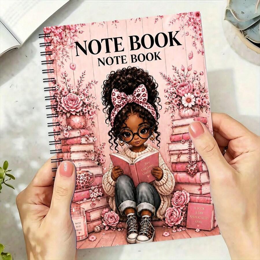 1Pc Cute Afro Girl Book Lover Spiral Notebook, Pink Floral & Stack Of Books Design, A5 21x14.5cm Wirebound Paper Journal For Writing & School Notes, 30 Sheets (60 Pages) Gift For Students & Kids - Rectangle - View 1