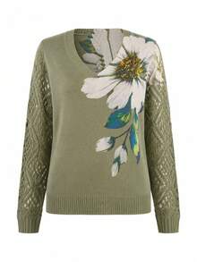 Elegant Floral Print V-Neck Long Sleeve Sweater, Versatile For Spring, Summer, Autumn, Winter, Bohemian Style, Travel Vacation Fall - Light Green - View 10