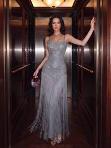 Modphy New Sexy Sleeveless Square Neck Heavy Rhinestone Elegant Fashion Tassel Women's Wedding Formal Banquet Long Bandage Dress Party Fall - Baby Blue - View 1