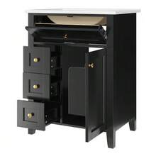 61 Cm Freestanding Bathroom Vanity, Glossy Green Lacquer, With Flip-Down Drawer, Two Sliding Drawers And A Single Door With Shelves – Faucet Not Included - Black - View 9
