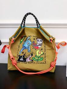 New Versatile Embroidered Animal Yoga Pattern Foldable Shopping Bag Tote Bag Large Capacity Suitable For Beach Party Shoulder Handbag - Multicolor - View 5
