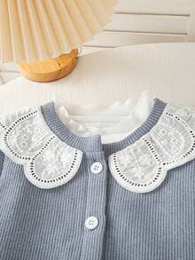 Girls' Casual Fashion Outing Hollow Lace Peter Pan Collar Sleeveless Vest, Long Sleeve Base Layer And Straight Leg Pants, Spring/Autumn - Blue - View 3