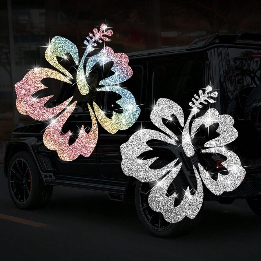 Cute Hollow Hibiscus Flower Sticker, Sparkly Tropical Floral Vinyl Decal, DIY Decor Accessory For Vehicle, Notebook, Water Bottle, Home Glass Surfaces - 1pc - View 1