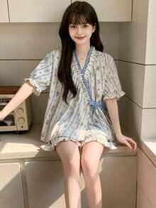 2件組女款睡衣家居服套裝，短袖綁帶設計花卉印花時尚短褲，居家舒適穿著 - 彩色 - 查看 10