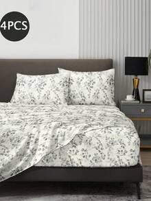 4-Piece Plant Floral Leaf Pattern Bedding Set, Easy Care Soft Bedding Set (1 Flat Sheet + 1 Fitted Sheet + 2 Pillowcases), Knitted Bedding Set Suitable For King/Queen/Full/Twin Sizes, Fits 11.8 Inch Deep Mattress, Soft Breathable Wrinkle-Resistant - Multicolor - View 2