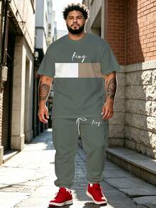 2pcs Plus Size Men's Gray-Green Colorblock King Handwritten Letter Short Sleeve T-Shirt And Matching Embroidered Joggers Set, American Casual Summer - Green - View 1