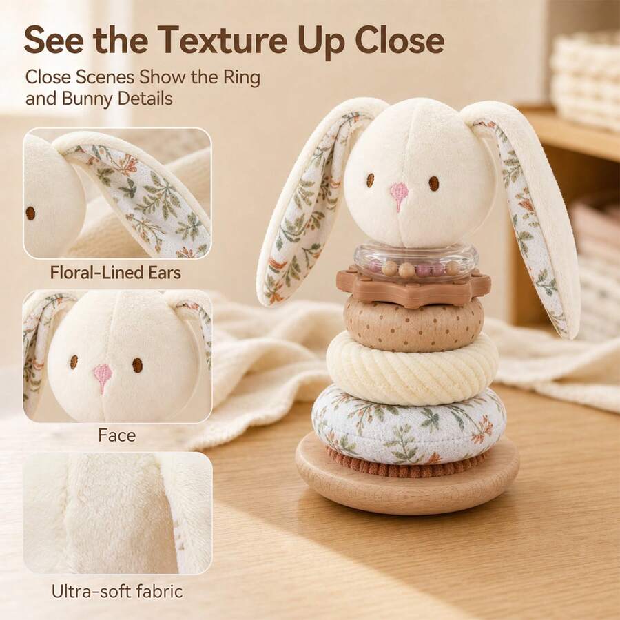 1pc Wooden Base Rabbit Stacking Toy, Soft Plush Rabbit Detachable Stacking Rings Toy, Baby Sensory Building Play Toy, Newborn Fine Motor Skills Training Educational Toy, Baby Baptism Gift