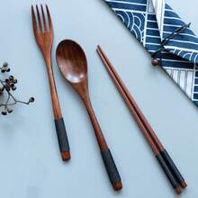 3pcs Wooden Flatware Set,Wooden Convenient Tableware Spoon Chopsticks And Fork,Kitchen,Christmas Gift,School Supplies - Brown - View 7
