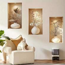 3pcs Visual Recessed Niche Vase Wall Sticker, Neutral Dried Flower Vase Hollow Wall Decal, Fake Built‑In Shelf Mural, Removable Self‑Adhesive, For Living Room Bedroom Entryway Boho Farmhouse Home Decor Gift - Multicolor - View 2