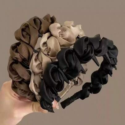Satin Ruched Bubble Headband, Non‑Slip Teeth High‑Crown Face‑Slimming Fabric Hair Hoop Elegant Neutral Tone Daily Hair Accessories For Women
