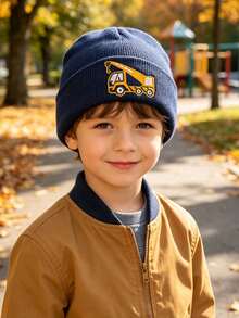 Kids Cuffed Knit Beanie, Excavator, Crane Truck Embroidery Warm Winter Hat For Boys 6‑12Y,Gift For Engineering Vehicle Lovers - Crane - View 3