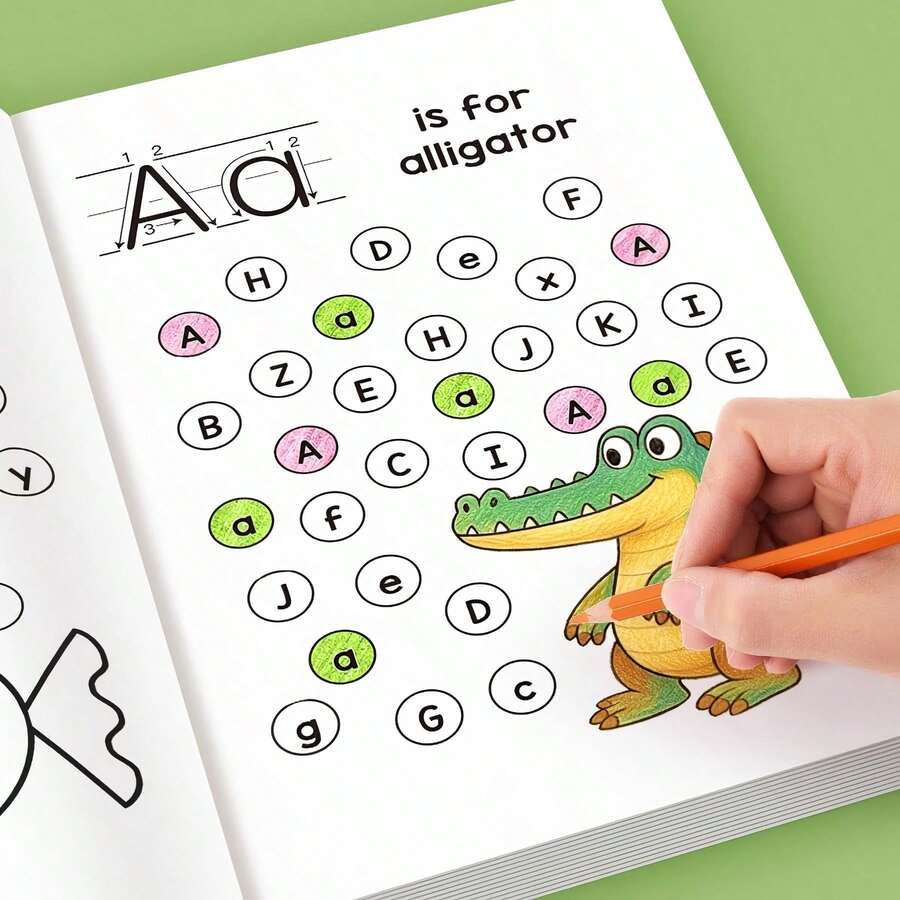 字母描紅練習本，32頁顏色編碼 A-Z 與數字 1-10，大寫/小寫練習，幼兒園兒童筆觸控制訓練，早期寫作技巧
