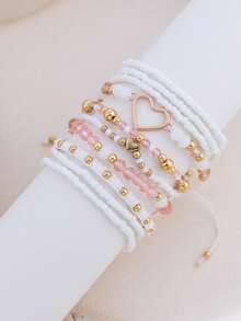 10pcs/Set Bohemian Style Handmade Seed Bead Hollow Heart Bracelet Set, Women's Jewelry Accessories - White - View 4