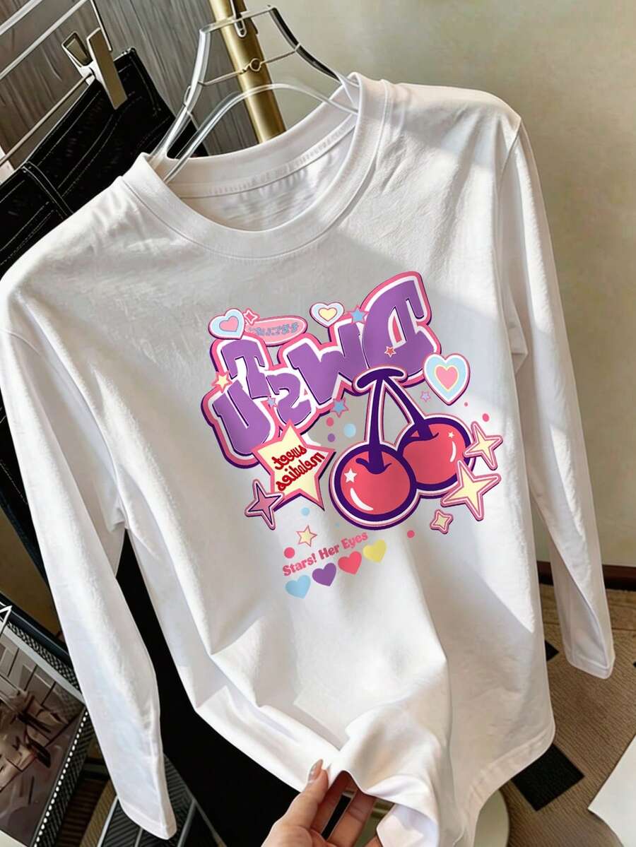 Kaos Lengan Panjang Motif Bintang dan Hati Ceri Gaya Y2K untuk Anak Perempuan - Putih - View 1