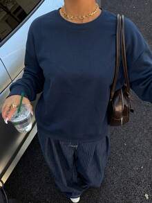 女款海軍藍寬鬆圓領長袖運動衫，適合日常穿著，羅紋針織套頭衫，打造街頭時尚造型，秋季必備 - 藏蓝色 - 查看 4