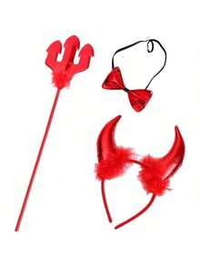 Halloween Devil Costume Set Red Horn Headband Glasses Cane Tail Full Set For Masquerade Carnival Couple Party COS Rave Dance Props (Due To Lighting, Color Difference May Occur, Cane Stick Color Is Random) - Multicolor - View 7