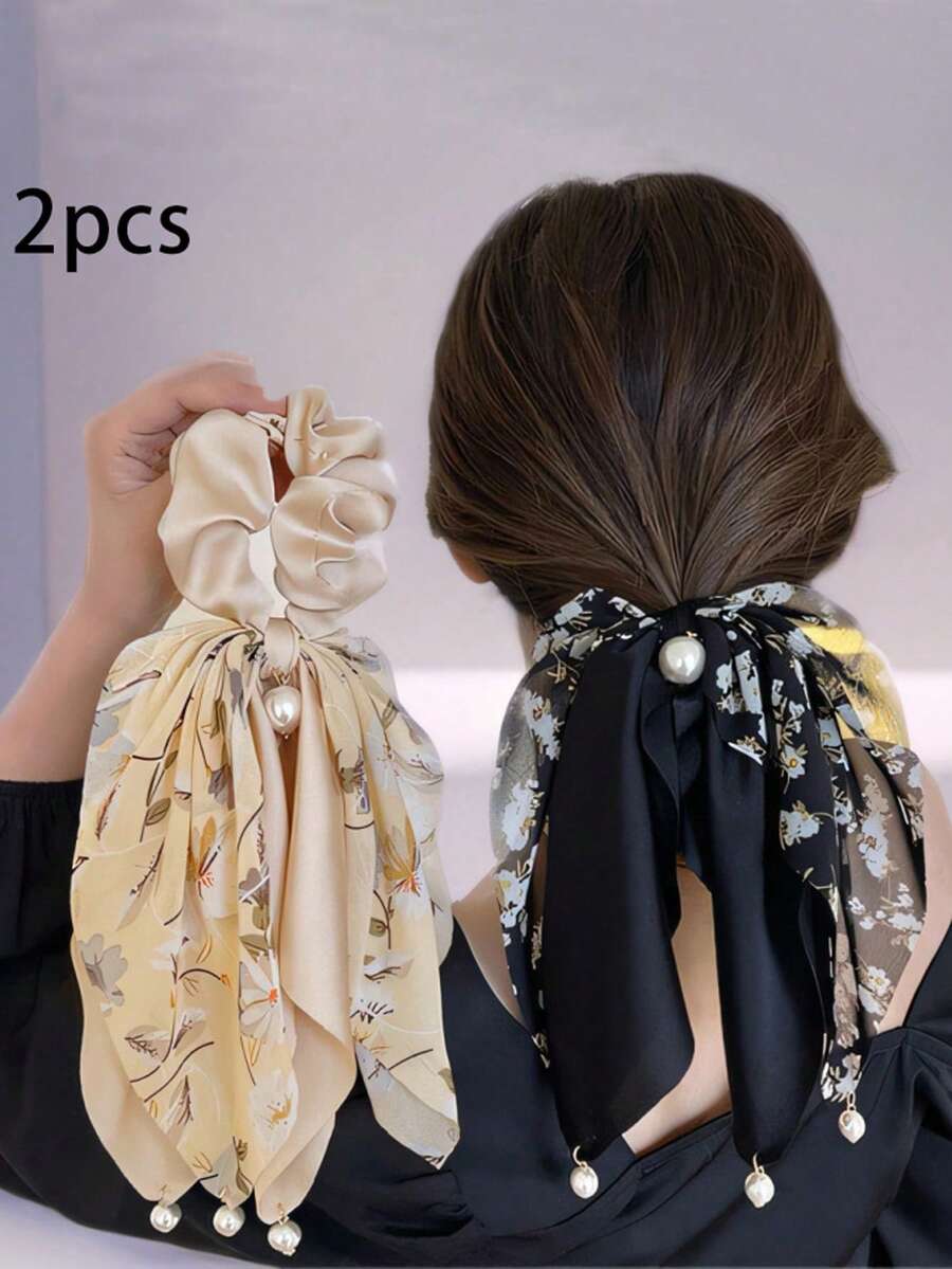2件組女款仿珍珠花朵雪紡髮圈，髮飾