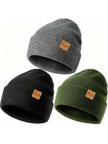 3pcs/1pc Unisex F&S Patch Knit Beanie,Solid Color Cuffed Winter Warm Skull Cap For Daily Outdoor Street Wear,Travel - Multicolor - View 14