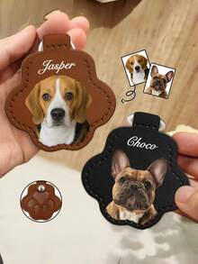 1pc Customized Pet Photo Name Leather Keychain Personalized Paw Print Pet Hair Memorial Keepsake Storage Ring Dog Cat Lover Gift Pendant - Multicolor - View 4
