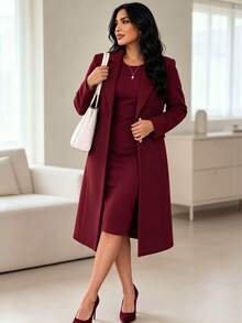Women's Elegant 2-Piece Set, Solid Color Long Sleeve Cardigan Jacket + Sleeveless Midi Dress, Suitable For Spring, Autumn And Winter - Burgundy - View 5
