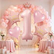 5pcs Set 40 Inch Blue Number 1, 18 Inch Blue Heart And Blue Happy Birthday Printed Star Foil Balloons For 1st Birthday Party Decoration - Pink - View 6