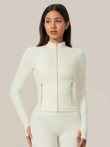 TimeOff Women's 1pc Solid Color Stand Collar Zip-Up Jacket With Side Pockets And Thumb Holes, Autumn/Winter - White - View 9