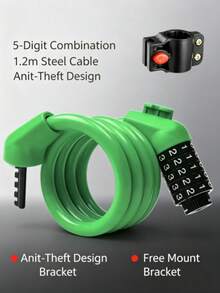 1pc Upgraded Bicycle Combination Cable Lock With Mounting Bracket, Flexible Spiral Steel Cable Design, High-Strength Steel Cable Material, Includes Mounting Bracket For Convenient Storage, Suitable For Daily Parking Theft Prevention - A - View 4