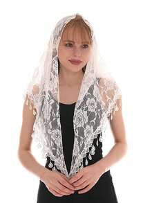 1pc White Printed Tassel Breathable Lace Trim Triangle Scarf Triangle Veil Church Veil Lace Shawl Latin Scarf - White-rose - View 1