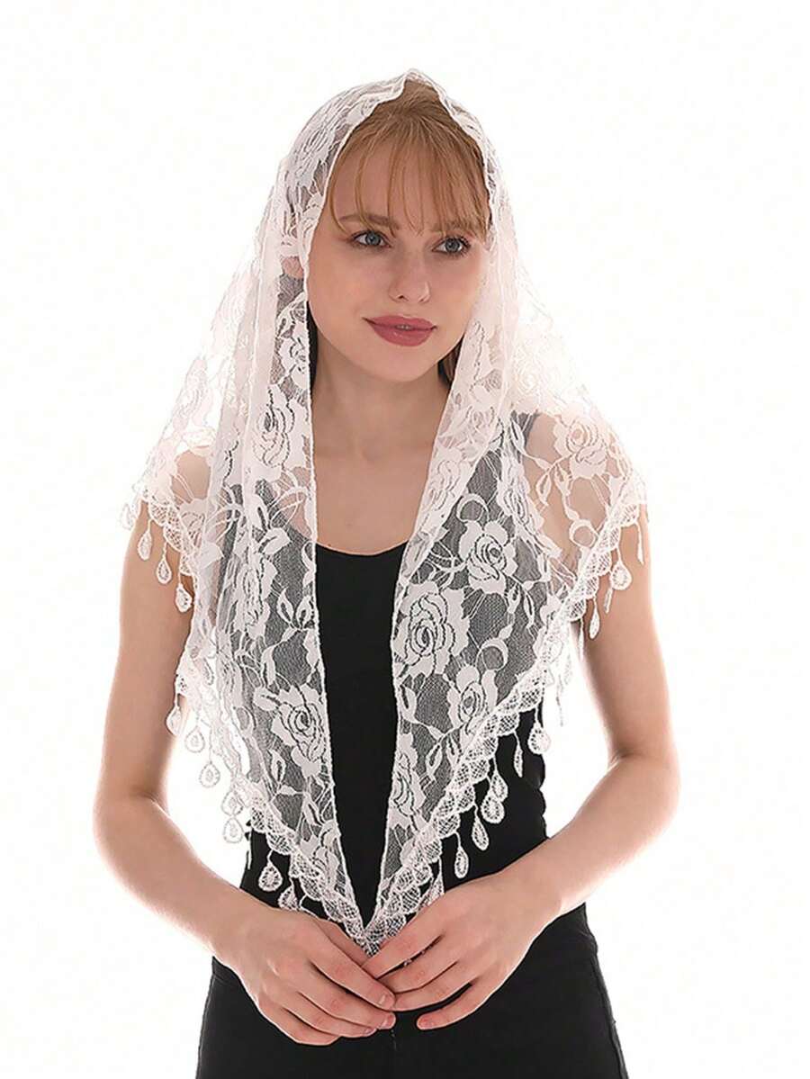1pc White Printed Tassel Breathable Lace Trim Triangle Scarf Triangle Veil Church Veil Lace Shawl Latin Scarf - White-rose - View 1