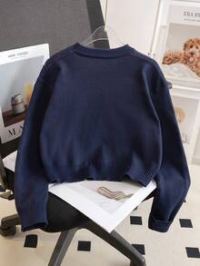 Girls' Sweet 3D Floral Round Neck Long Sleeve Knit Sweater Pullover, Casual Versatile For Daily Wear And School, Spring Autumn Winter - Navy Blue - View 2