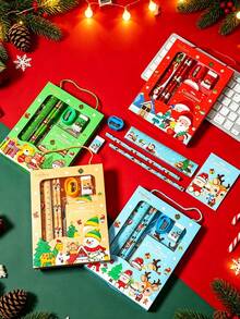 Christmas Gift Prize Portable 6-Piece Set, Cute Cartoon Pattern - Includes Pencil, Eraser, Pencil Sharpener, Sticky Notes, Ruler - Perfect Holiday Gift Box Packaging, Christmas Decoration - Holiday Gift Activity Competition Prize - Multicolor - View 4