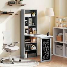 Opklapbaar bureau voor aan de muur met opbergruimte, boekenkast, werkplek, krijtbord en verstelbare plank. - A - Bekijken 4