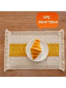 Bohemian Style Striped Table Runner, Yellow And White Woven Tassel Tablecloth, Farmhouse Style Hollow Crochet Placemat, Country Style Dining Table Centerpiece, Suitable For Dining Table, Birthday, Coffee Table, Wedding And Home Gathering - Middle Yellow - View 12