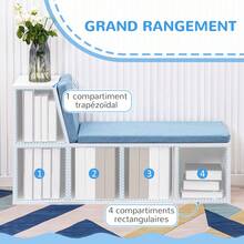 2-in-1 boekenkast/bank met 5 opbergvakken en 2 kussens, 108 x 30 x 60 cm, wit/blauw - A - Bekijken 7
